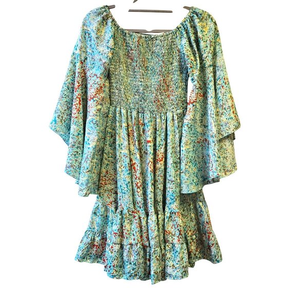Zury Bohemian Style Dress Free Size Silk Smocked Bell Sleeve - Picture 2 of 9